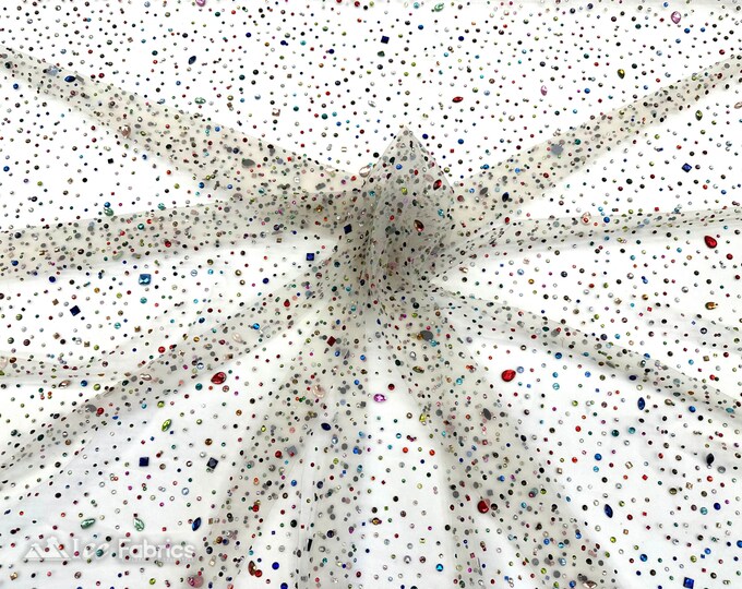 Multi-Color Rhinestones Beaded Fabric On Champagne Mesh Fabric By The Yard | Handmade Embroidery Beads Lace Fabric | Dancer's Custom Fabric