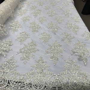 White French Beaded Design Embroider On A Mesh-Prom-nightgown-sold By Yard.