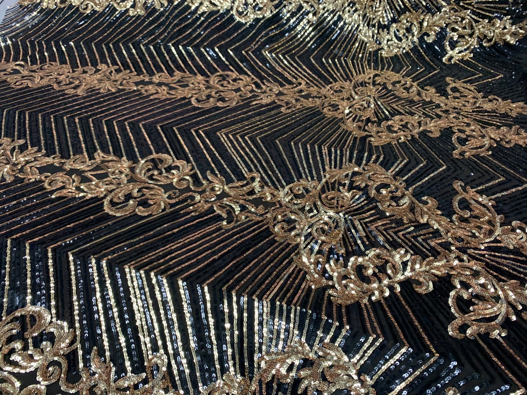 GOLD SHINY SEQUIN DAMASK DESIGN EMBROIDERY ON A BLACK 4 WAY STRETCH MESH-1 YARD.