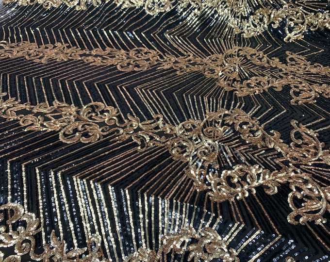 Black Gold- Embroidered Fabric- 4 Way Stretch SEQUIN FABRIC  By The Yard _ Spandex Fabric- Mesh Sequin Fabric_ Lace Fabric