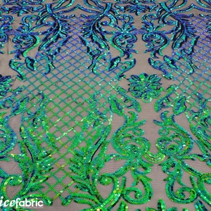 Mia Geometric Sequin Fabric By The Yard | 4 Way Stretch Fabric | Sequin Geometric Embroidery Fabric | Iridescent Green on Black Mesh image 3