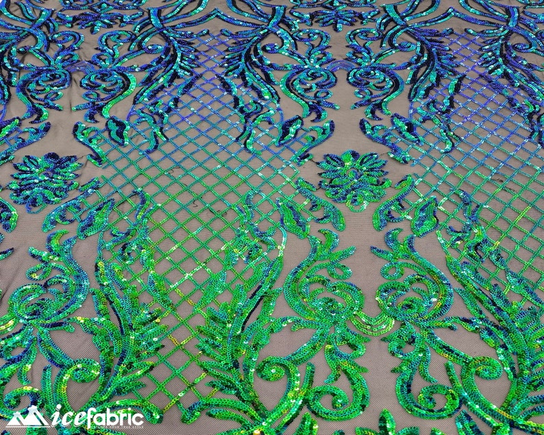 Mia Geometric Sequin Fabric By The Yard | 4 Way Stretch Fabric | Sequin Geometric Embroidery Fabric | Iridescent Green on Black Mesh image 3