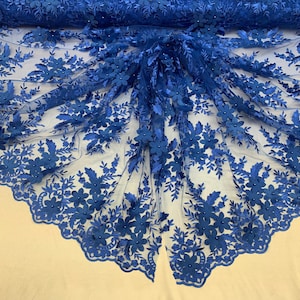 Royal Blue_ 3D Flowers Beaded Mesh Lace Bridal Fabric By The Yard/ Mesh Beaded Embroider Lace Floral Fabric/Wedding Fabric, Prom Dress,Gowns