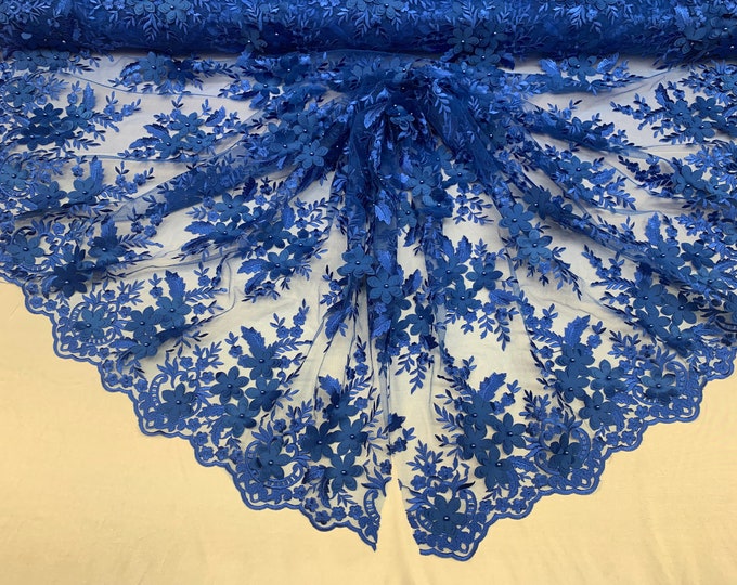 Royal Blue_ 3D Flowers Beaded Mesh Lace Bridal Fabric By The Yard/ Mesh Beaded Embroider Lace Floral Fabric/Wedding Fabric, Prom Dress,Gowns