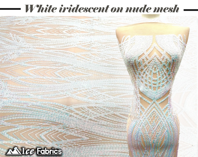 Peacock White Iridescent on Nude 4 Way Stretch Sequins Fabric By The Yard  Mesh nylon Spandex Fabric With Embroidery Sequin Lace