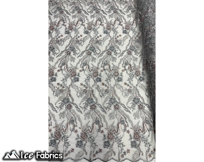 Floral Gray and Pink Beaded Fabric By The Yard | Embroidery Sequin Fabric On Mesh Fabric for Dresses