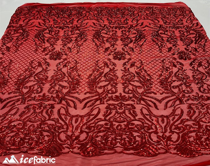 Mia Geometric Sequin Fabric By The Yard | 4 Way Stretch Fabric | Sequin Geometric Embroidery Fabric | Red