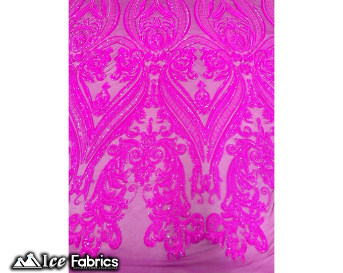 Damask Iridescent Fuchsia Stretch Sequin Fabric | By The Yard | Embroidered Lace Fabric on Spandex Mesh Fabric | for Dresses, decorations