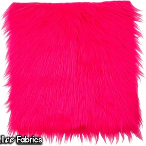 Neon Pink Long pile Square Faux Fur Fabric | sold by Square Pre Cut | for Clothing, Pillows, decoration