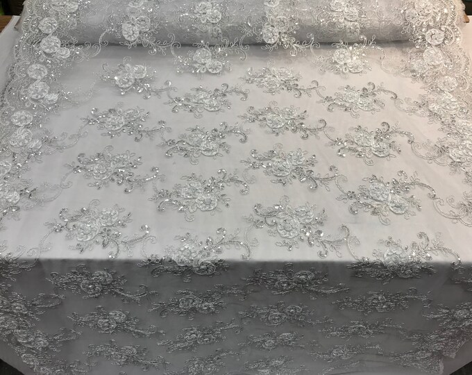 White Embroidered mesh lace Flower Design with sequins by the yard. Floral wedding prom dress, tablecloths, runners, skirts,customs, decor