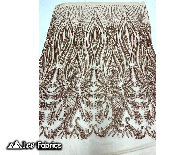 Loyalty Champagne Sequin Fabric By The Yard | Lace Embroidery Fabric | Sequin Lace on 4 Way Stretch Mesh
