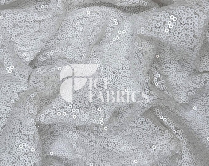 White All-Over Mesh Sequins Fabric by The Yard - 48" Wide Shiny 3mm Mini Sequin Fabric on Mesh for Apparel and Decor - Ice Fabrics