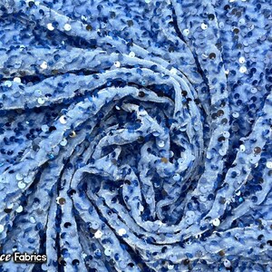 Emma 2 Way Stretch Velvet Sequin Fabric By The Yard | Embroidery Sequin On Spandex Velvet | Light Blue | 60” Wide