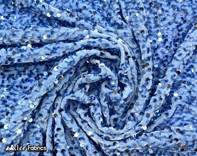 Emma 2 Way Stretch Velvet Sequin Fabric By The Yard | Embroidery Sequin On Spandex Velvet | Light Blue | 60” Wide