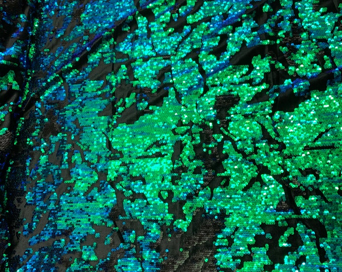 French// 2 WAY Stretch Sequins Embroider Velvet Fabric By The Yard// Mermaid Reversible Flip Up Sequins ON Black Velvet// Green,Black,Royal