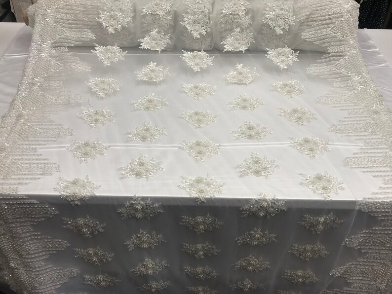 tablecloths,skirt Ivory Color French design embroidery handmade beaded mesh lace fabric by the yard.Floral wedding prom night gowns dresses