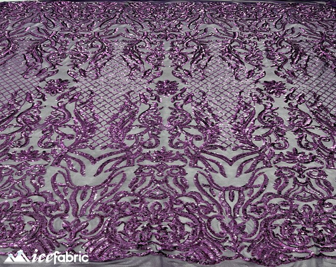 Mia Geometric Sequin Fabric By The Yard | 4 Way Stretch Fabric | Sequin Geometric Embroidery Fabric | Plum