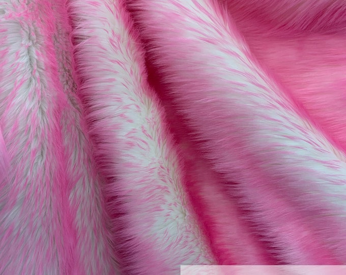 Canadian Fox_ 2 Tone Thick Fake Faux Fur Shaggy Long Pile - 64" Wide - Fabric By The Yard - Sold By ICE FABRIC - Candy Pink White-