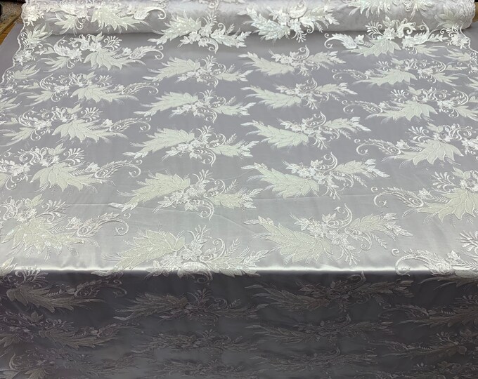 FAST SHIPPING/ Mesh Lace Fabric Sold By The Yard Floral/Flowers Sequins Stretch Embroidered Handmade Lace/Tablecloths/Fashion Dress(White)