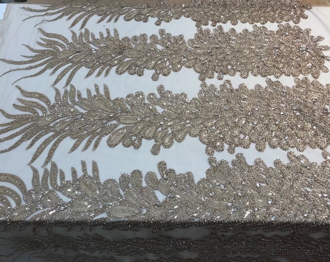 Champagne _ Feathers Peacock 3D Beaded Embroidery Mesh Lace Fabric (Sold By One Panel) Prom Dress, Wedding Dress, Night Gowns.