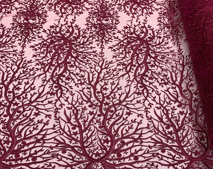 Magenta_ Floral Lace Fabric Sold By The Yard_ Mesh Lace Bridal Fabric_ Wedding Lace, Floral Lace, Light Lace, Soft Lace.