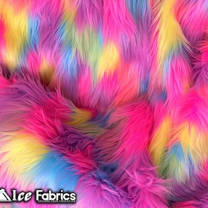 Pastel Rainbow Shaggy Mohair Animal Long Pile Faux Fur Fabric By The Yard | Fake Fur Material | 60” Wide | Solid and Soft