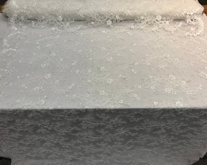 Ivory Design Mesh Lace Fabric By The Yard/ Embroidery Mesh Lace Floral Design/For Tablecloths/ Skirts/ Runners/ Skirts/ Decorations/