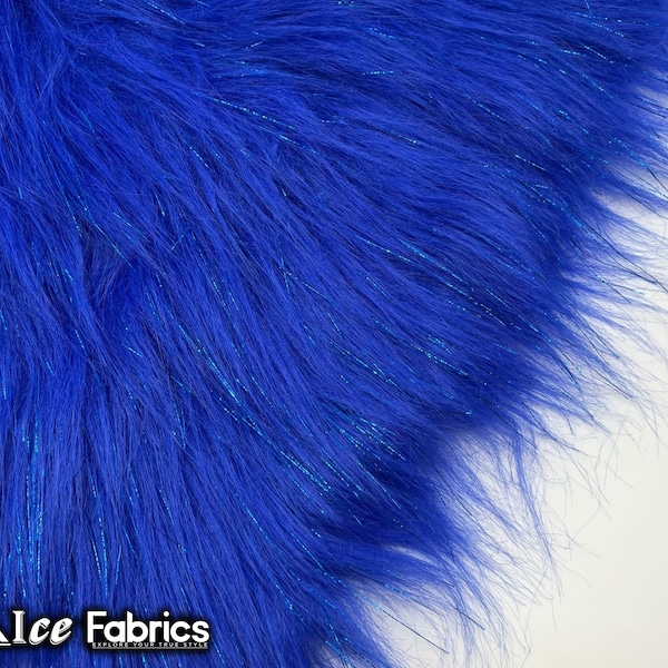 Tinsel Shaggy Long Pile Faux Fur Tessuto tagliato a misura / Royal Blue / 60" Wide