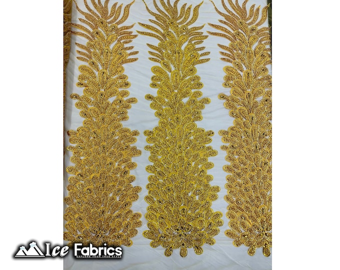 Yellow Peacock Feather Beaded Fabric sold by Panel | Embroidery Handmade Lace