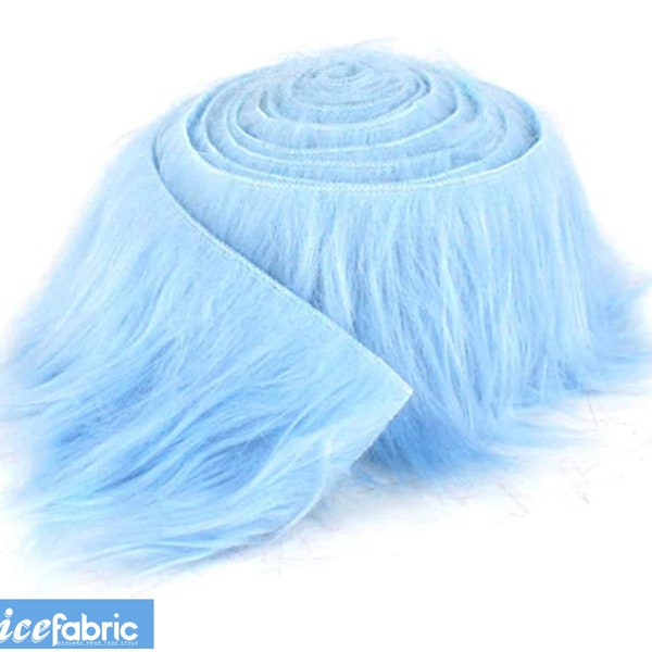 Baby Blue Mohair Shaggy Faux Fur Fabric Strips Ribbon Roll | Long Pile Precut Faux Fur Trim Ribbon Roll for Craft Supply