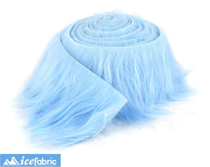 Baby Blue Mohair Shaggy Faux Fur Fabric Strips Ribbon Roll | Long Pile Precut Faux Fur Trim Ribbon Roll for Craft Supply