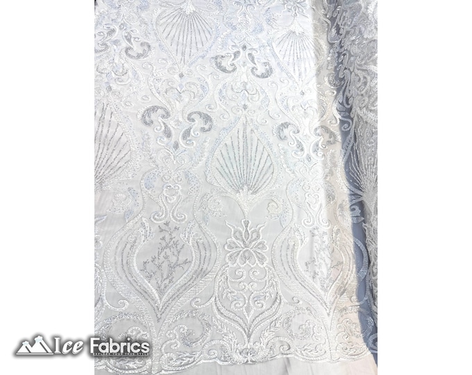 Luxurious White Embroidered Beaded Fabric By The Yard | Handmade beads Lace on Mesh Fabric | Damask Beaded