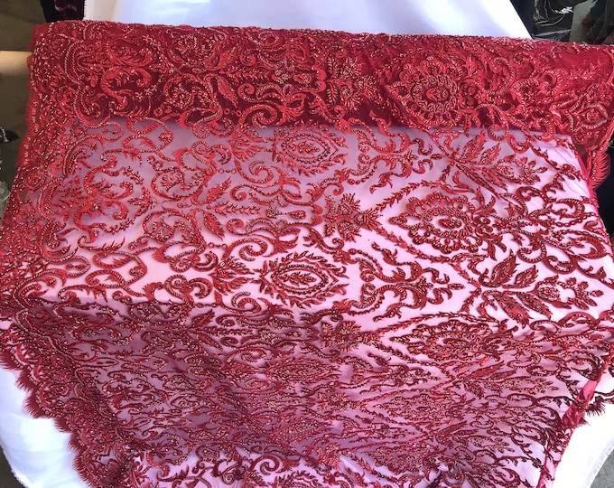 DARK RED-Lace By The Yard Embroidered Lace With Beads And Sequins French Bridal Veil Wedding Decoration Home tablecloths women fashion dress