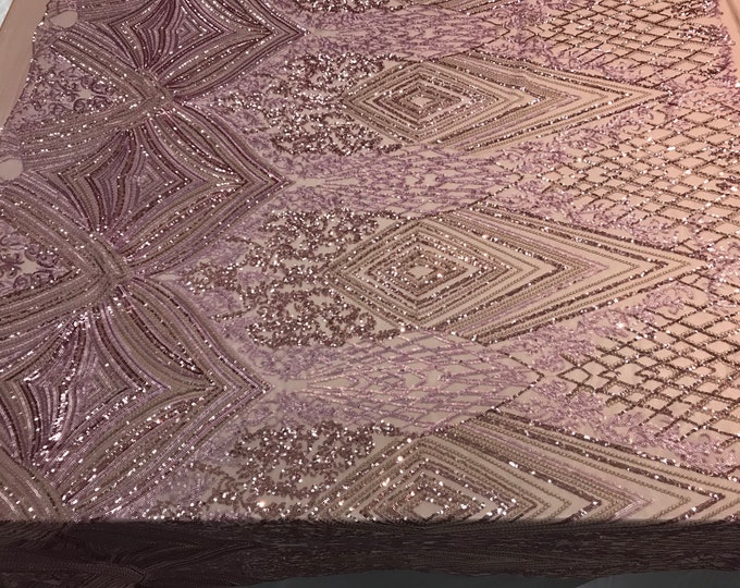 Full Sequins Geometric 4 way Stretch Fabric on mesh lace by the yard (lavender) used for Fashion apparel,wedding prom dress,tablecloths,veil