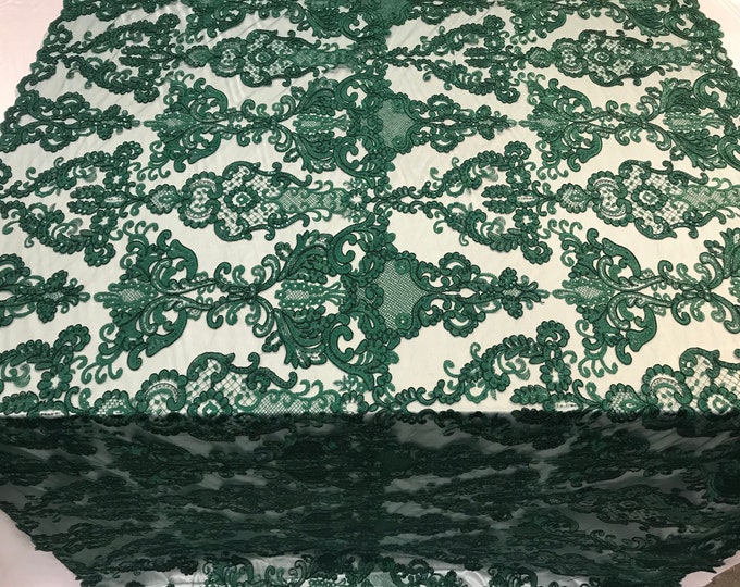 Hunter Green Mesh Lace Floral Fabric By The Yard_ Embroidery Handmade Floral Lace_ Decor, Night Gowns, Tablecloths, Runners, Skirts, Costume