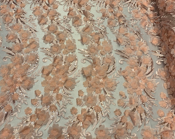Peach Veil Bridal Gowns//Mesh 3D Flowers Fabric Lace Fabric By The Yard_Sequins Flowers Embroidery Mesh Lace Floral Lace//FASHION SHOW