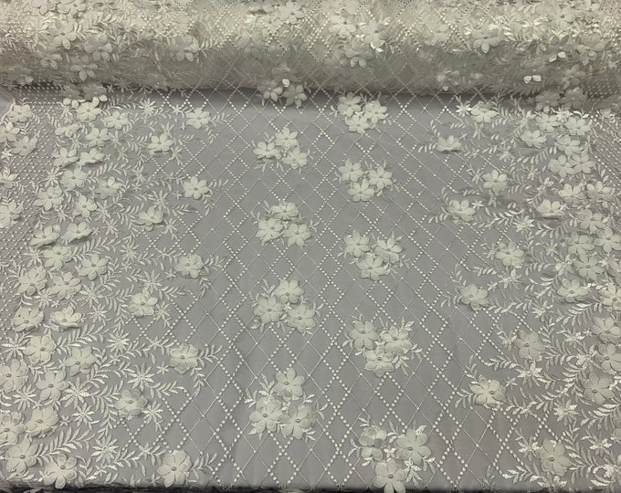 Ivory_ Floral 3D Flowers // Mesh 2 WAY Stretch// Beaded Mesh Lace Embroider Lace Fabric By The Yard//Veil// Gowns/ costumes/Prom Dress