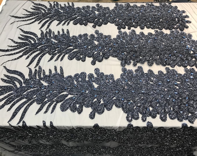 Navy Blue_ Feathers Peacock 3D Beaded Embroidery Mesh Lace Fabric (Sold By One Panel) Prom Dress, Wedding Dress, Night Gowns.