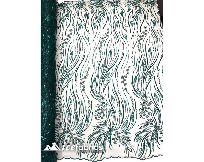 Rose Floral Beaded Fabric By The Yard | Hunter Green Handmade Flower Embroidery Lace Fabric | Wedding Dress, Prom Dress