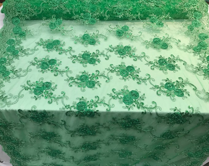 Green Embroidered mesh lace Flower Design with sequins by the yard. Floral wedding prom dress, tablecloths, runners, skirts,customs, decor