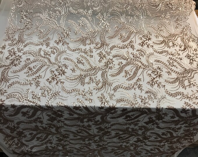 NEW Champagne Design sequins 4 way stretch on A MESH lace Sold By the yard for decorations fashion wedding prom dresses, tablecloths