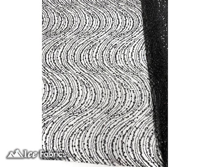 Black Wavy Embroidered Beaded Sequin Fabric By The Yard | Lace Beaded Fabric On Mesh Fabric | Fashion Fabric | Dress Wedding