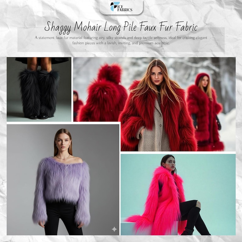 Op de afbeelding: Shaggy mohair langpolige imitatiebontstof getoond in diverse toepassingen, waaronder zwarte beenwarmers, een rode jas, een lavendelkleurige trui en een felroze jas. Het materiaal heeft lange, luchtige en zijdeachtige vezels.