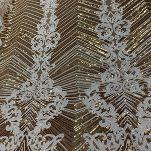 Nadia Design_ Embroidered 4 Way Stretch Spandex Sequins ON Gold Mesh Lace Fabric By The Yard (Gold,White) Fashion Designer Fabric.