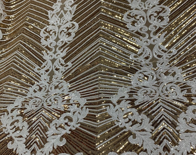 Nadia Design_ Embroidered 4 Way Stretch Spandex Sequins ON Gold Mesh Lace Fabric By The Yard (Gold,White) Fashion Designer Fabric.