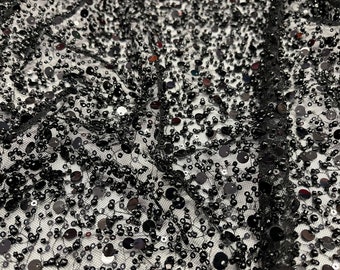 Classic Embroidery Beaded Fabric With Sequin Fabric By The Yard | Black Sequin on Black Mesh Fabric | Handmade Lace | All Over Beads on Mesh