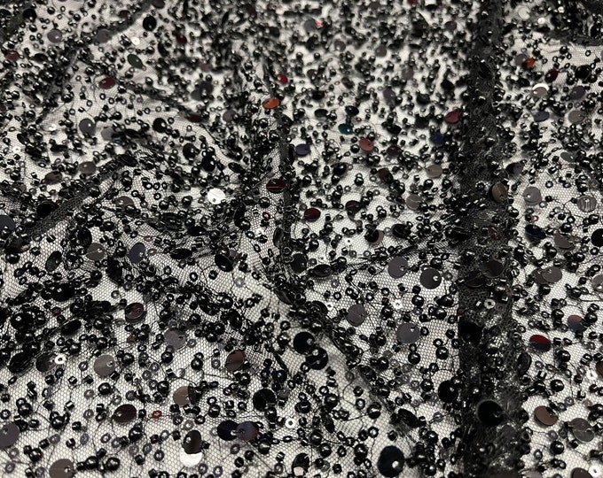Classic Embroidery Beaded Fabric With Sequin Fabric By The Yard | Black Sequin on Black Mesh Fabric | Handmade Lace | All Over Beads on Mesh