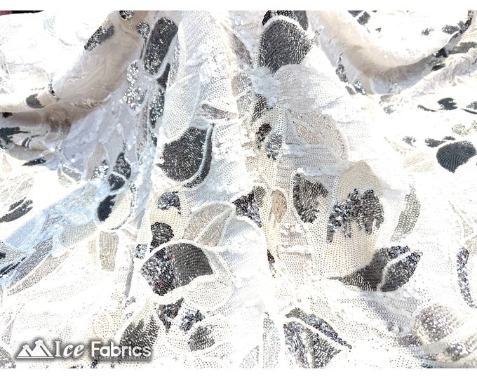 White Silver Floral Sequin Fabric By The Yard | On 4 way Spandex Mesh Fabric Embroidery Lace Fabric | Sequin Flowers