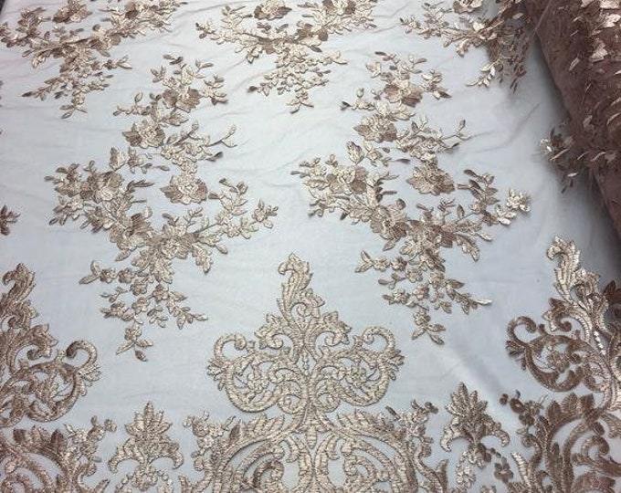 DUSTY Rose Floral Flower Mesh Lace Embroidery Design Fabric By The Yard For Tablecloths, Wedding Prom Dresses, Night gowns, Skirts, Runners