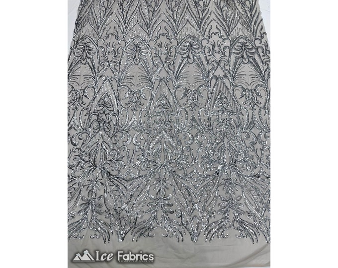 New Embroidery Silver Sequin Fabric By The Yard | 4 Way Stretch Mesh Fabric Spandex Geometric Fabric | for Prom Dress